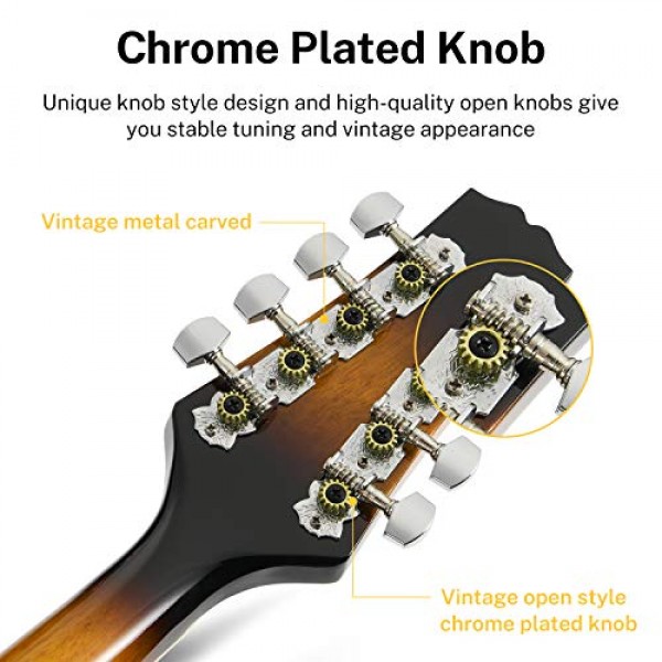 Donner A 스타일 만돌린 악기 Sunburst 초보자 성인 어쿠스틱 만돌린 악기 마호가니 8 현, 튜너 현악기 가방 기타 추천, DML-1 번들