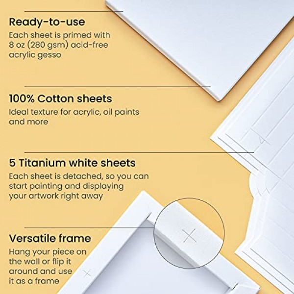 Arteza 그림용 접이식 캔버스 보드, 8.5x11인치, 5팩, 100% 면, 8온스 프라이밍된 흰색 캔버스, DIY 프레임, 아크릴 및 유화 및 드로잉용 미술 용품