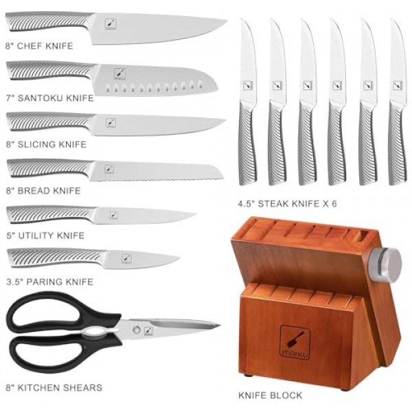 주방용 블록이 있는 imarku 칼 세트, 14PCS 고탄소 스테인레스 스틸 칼 세트, 일체형 식기 세척기 안전 주방 칼 세트, 샤프너가 내장된 요리사 칼 세트, 미끄럼 방지 인체 