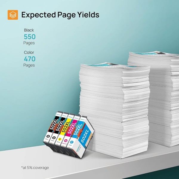 502XL 대용량 멀티팩, 4색 잉크 카트리지, Epson 502 XL Workforce WF-2860 WF-2860DWF WF-2865 WF-2865DWF XP-5100 XP-5105 XP-5155 XP-5105 XP-5155 XP-5150용 Keenkle 교체