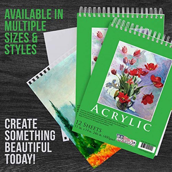 미국 미술품 9인치 x 12인치 프리미엄 초중량 아크릴 페인팅 종이 패드, 246파운드(400gsm), 나선형 제본, 12매 패드(패드 2팩)