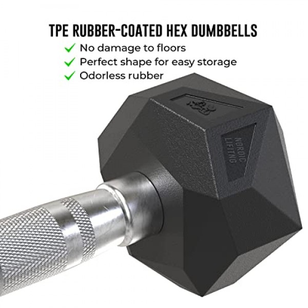 근력 훈련용 프리즘 덤벨 - Nordic Lifting의 체육관 및 가정 운동용 고무로 감싼 주철 5파운드 ~ 70파운드