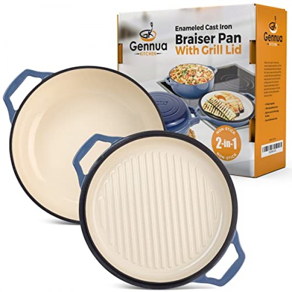 Gennua 3.3쿼트 에나멜 주철 브레이저(그릴 뚜껑 포함) - 소형 더치 오븐 및 쿡탑 그릴 팬