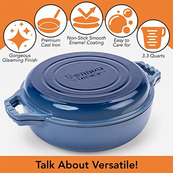 Gennua 3.3쿼트 에나멜 주철 브레이저(그릴 뚜껑 포함) - 소형 더치 오븐 및 쿡탑 그릴 팬