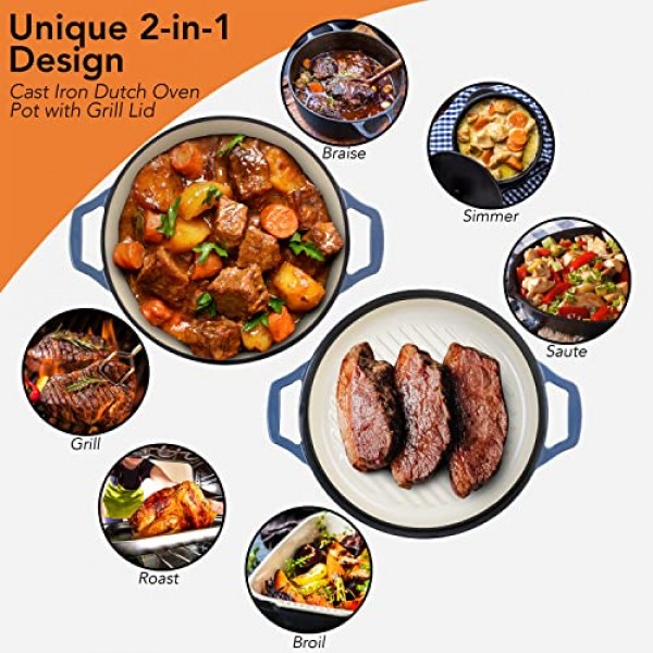 Gennua 3.3쿼트 에나멜 주철 브레이저(그릴 뚜껑 포함) - 소형 더치 오븐 및 쿡탑 그릴 팬