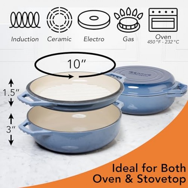 Gennua 3.3쿼트 에나멜 주철 브레이저(그릴 뚜껑 포함) - 소형 더치 오븐 및 쿡탑 그릴 팬