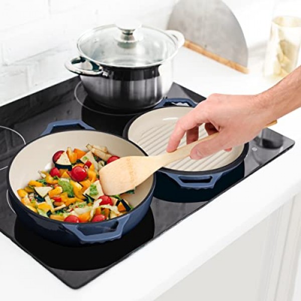 Gennua 3.3쿼트 에나멜 주철 브레이저(그릴 뚜껑 포함) - 소형 더치 오븐 및 쿡탑 그릴 팬