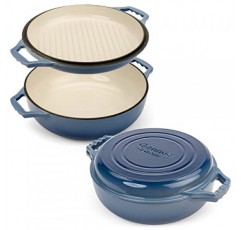 Gennua 3.3쿼트 에나멜 주철 브레이저(그릴 뚜껑 포함) - 소형 더치 오븐 및 쿡탑 그릴 팬