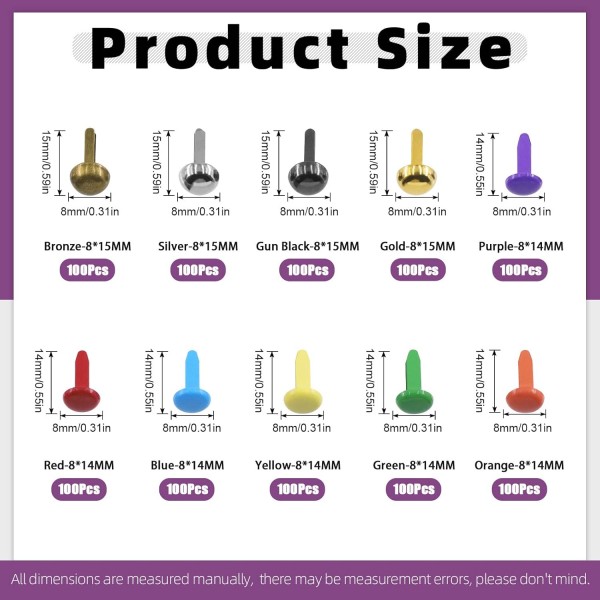 Swpeet 1000pcs 10가지 색상 및 2가지 스타일 8x14mm/15mm 원형 및 버섯 모양의 금속 헤드 종이 패스너 및 Scrapbooking 및 의류 신발용 플레이트 하단 스터드