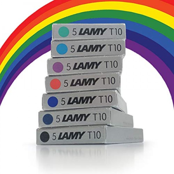 Lamy T10 모듬 컬러 팩 만년필 잉크 카트리지는 모든 Lamy Fountian 펜용 예비 교체품을 리필합니다(각 색상별로 1팩 - 7팩 - 카트리지 35개 - 검정색, 빨간색, 세척 가능 파란