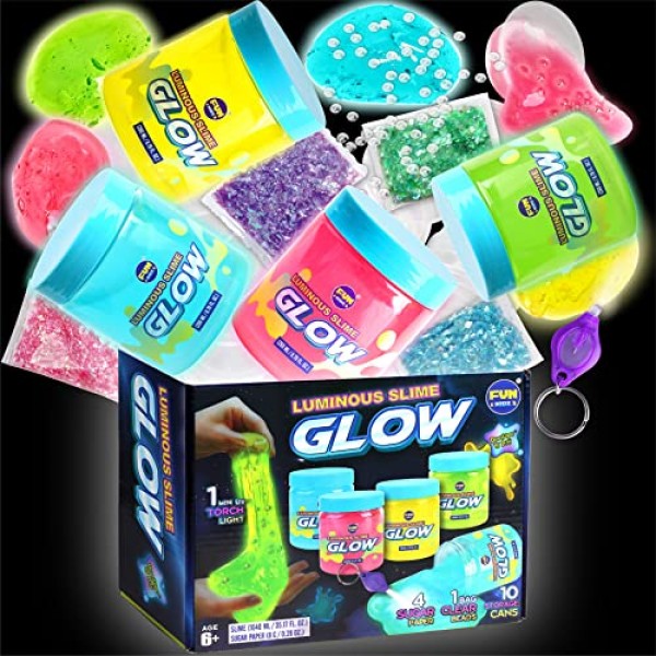 35.16 FL OZ Glow in The Dark Slime for Kids 6+, FunKidz 1040 ML 대형 슬라임 팩 네온 컬러 슬라임 키트 그린 블루 핑크 옐로우 소년 소녀 생일 파티를 위한 빅 슬라임 선물