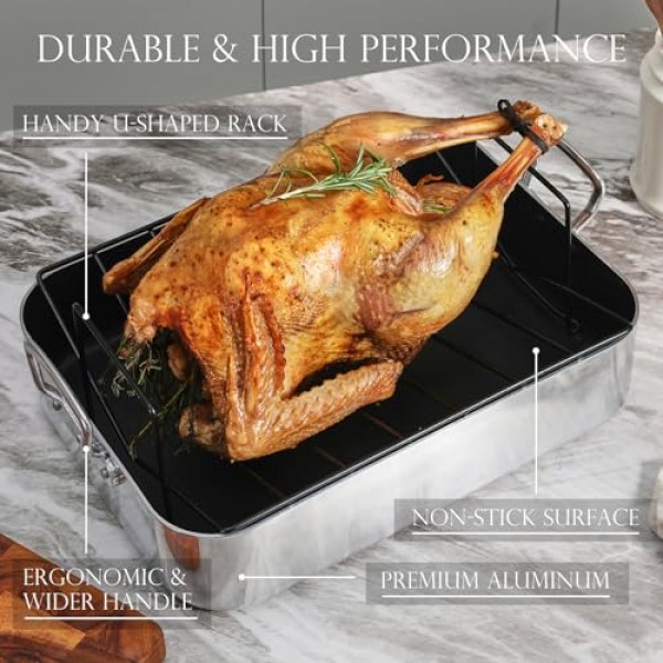 KITESSENSU 랙이 있는 경질 양극산화 처리된 붙지 않는 로스팅 팬 - 오븐용 16 x 12인치 알루미늄 터키 로스터 베이킹 팬 - 오븐 안전 및 모든 레인지와 호환 가능, 실버