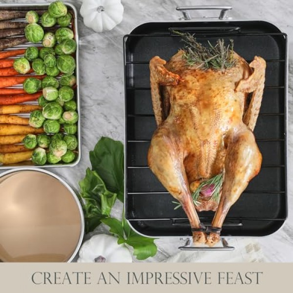 KITESSENSU 랙이 있는 경질 양극산화 처리된 붙지 않는 로스팅 팬 - 오븐용 16 x 12인치 알루미늄 터키 로스터 베이킹 팬 - 오븐 안전 및 모든 레인지와 호환 가능, 실버