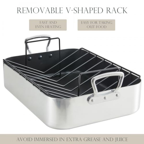 KITESSENSU 랙이 있는 경질 양극산화 처리된 붙지 않는 로스팅 팬 - 오븐용 16 x 12인치 알루미늄 터키 로스터 베이킹 팬 - 오븐 안전 및 모든 레인지와 호환 가능, 실버