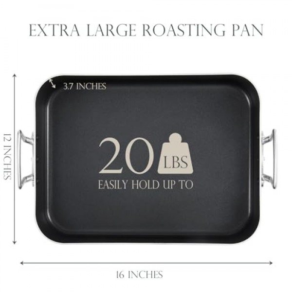 KITESSENSU 랙이 있는 경질 양극산화 처리된 붙지 않는 로스팅 팬 - 오븐용 16 x 12인치 알루미늄 터키 로스터 베이킹 팬 - 오븐 안전 및 모든 레인지와 호환 가능, 실버