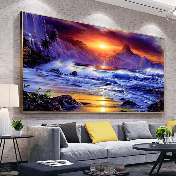 RAILONCH DIY 5D 다이아몬드 페인팅 비치 선셋, 홈 데코용 숫자로 라운드 라인스톤 자수(120×70cm)