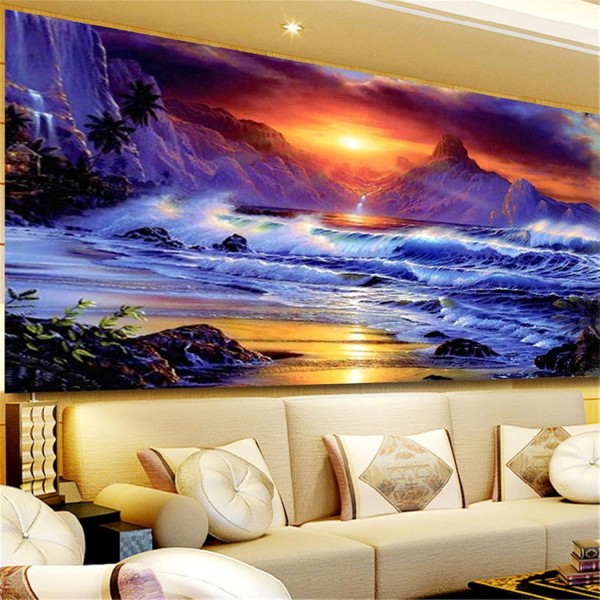 RAILONCH DIY 5D 다이아몬드 페인팅 비치 선셋, 홈 데코용 숫자로 라운드 라인스톤 자수(120×70cm)