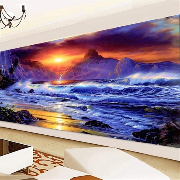 RAILONCH DIY 5D 다이아몬드 페인팅 비치 선셋, 홈 데코용 숫자로 라운드 라인스톤 자수(120×70cm)