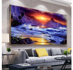 RAILONCH DIY 5D 다이아몬드 페인팅 비치 선셋, 홈 데코용 숫자로 라운드 라인스톤 자수(120×70cm)