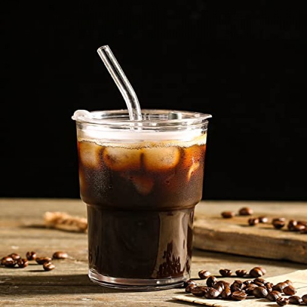 13OZ/400ML 아이스 커피 유리 텀블러, 밀짚 및 뚜껑 밀봉 휴대 가능, 두꺼운 벽 물 유리 컵 머그 티(투명)
