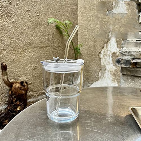 13OZ/400ML 아이스 커피 유리 텀블러, 밀짚 및 뚜껑 밀봉 휴대 가능, 두꺼운 벽 물 유리 컵 머그 티(투명)