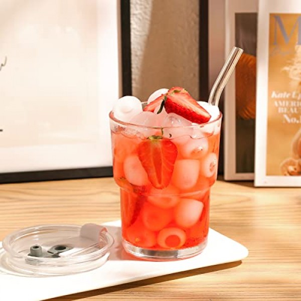 13OZ/400ML 아이스 커피 유리 텀블러, 밀짚 및 뚜껑 밀봉 휴대 가능, 두꺼운 벽 물 유리 컵 머그 티(투명)