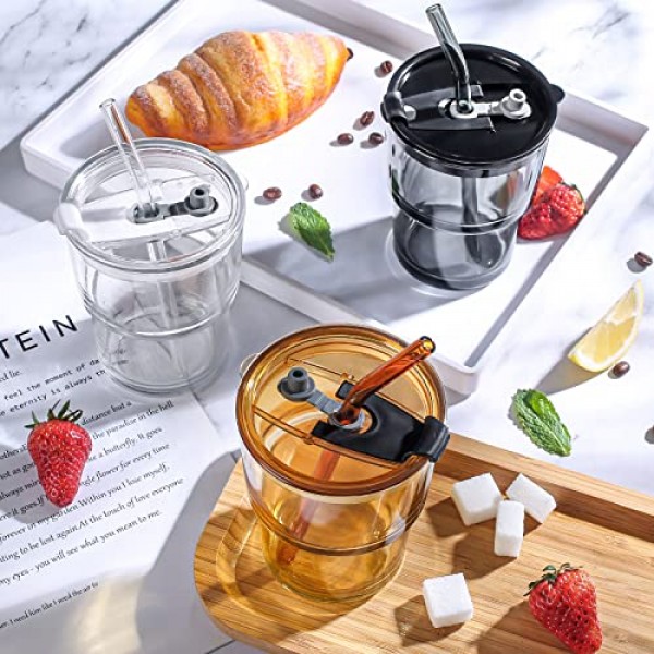 13OZ/400ML 아이스 커피 유리 텀블러, 밀짚 및 뚜껑 밀봉 휴대 가능, 두꺼운 벽 물 유리 컵 머그 티(투명)