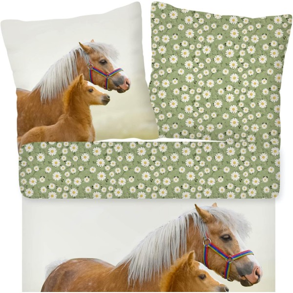 ESPiCO Bed Linen Trendy Bedding Horse Pony Foal Haflinger Paddock Flowers Green Brown Renforcé, 크기: 135 cm x 200 cm 135 cm x 200 cm 006