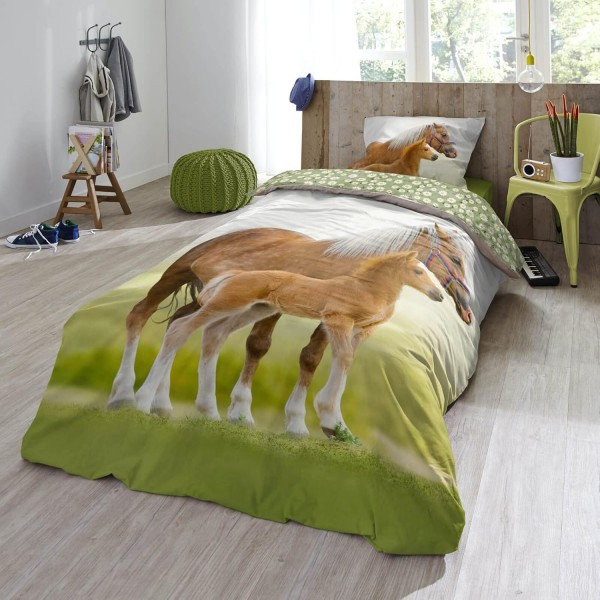 ESPiCO Bed Linen Trendy Bedding Horse Pony Foal Haflinger Paddock Flowers Green Brown Renforcé, 크기: 135 cm x 200 cm 135 cm x 200 cm 006