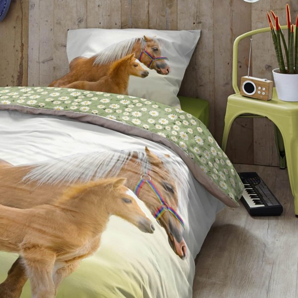 ESPiCO Bed Linen Trendy Bedding Horse Pony Foal Haflinger Paddock Flowers Green Brown Renforcé, 크기: 135 cm x 200 cm 135 cm x 200 cm 006