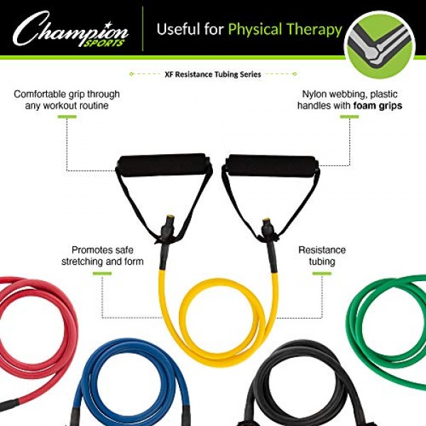 남성용 및 여성용 챔피언 스포츠 저항 튜브 밴드, 매우 가벼운 저항부터 매우 무거운 저항까지 - 근력 훈련, 스트레칭, 재활을 위한 내구성이 뛰어난 피트니스 밴드 - 