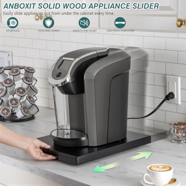 ANBOXIT 기기 슬라이더, 커피메이커용 목재 슬라이딩 트레이, 카운터용 커피포트 슬라이더, 주방 캐디 롤링 트레이(클래식 블랙-딥)