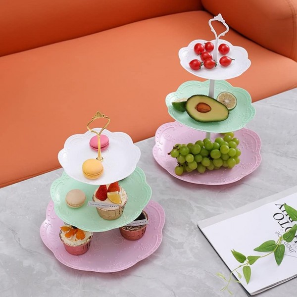 MEETOZ 컵케익 스탠드, 3 계층 플라스틱 계층 트레이, 디저트 캔디 스낵 빵 타워 트레이, 웨딩 홈 홀리데이 생일 크리스마스 파티 장식용 플라스틱 케이크 스탠드