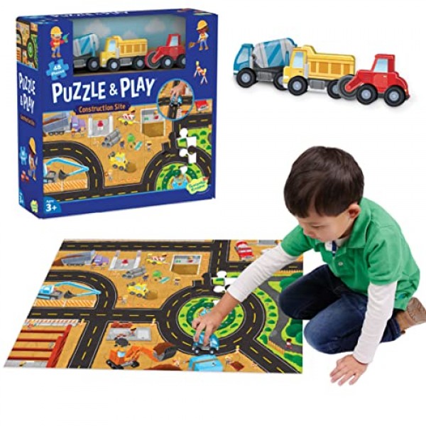 평화로운 왕국 퍼즐 앤 플레이: 건설 현장 – 48피스 퍼즐에는 목조 건설 차량 3대가 포함되어 있습니다. 집이나 교실에서 사용하기에 적합하며 3세 이상 어린이에게 