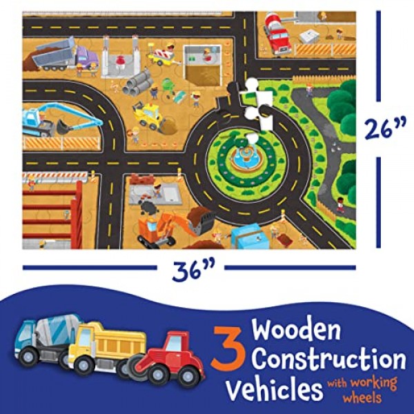 평화로운 왕국 퍼즐 앤 플레이: 건설 현장 – 48피스 퍼즐에는 목조 건설 차량 3대가 포함되어 있습니다. 집이나 교실에서 사용하기에 적합하며 3세 이상 어린이에게 