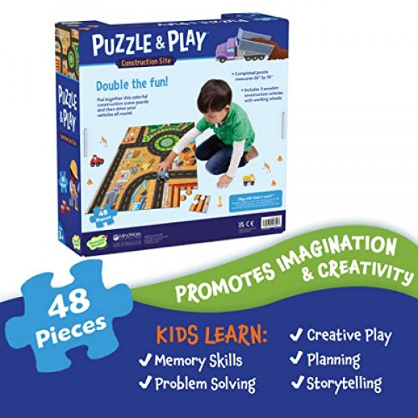 평화로운 왕국 퍼즐 앤 플레이: 건설 현장 – 48피스 퍼즐에는 목조 건설 차량 3대가 포함되어 있습니다. 집이나 교실에서 사용하기에 적합하며 3세 이상 어린이에게 