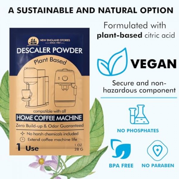 디스케일링 파우더 솔루션(4회 용도) 스케일과 찌꺼기를 제거합니다. 자동 커피 포트 및 메이커 및 에스프레소 머신 디스케일러, Keurig Breville과 호환 가능 Nespresso Delong