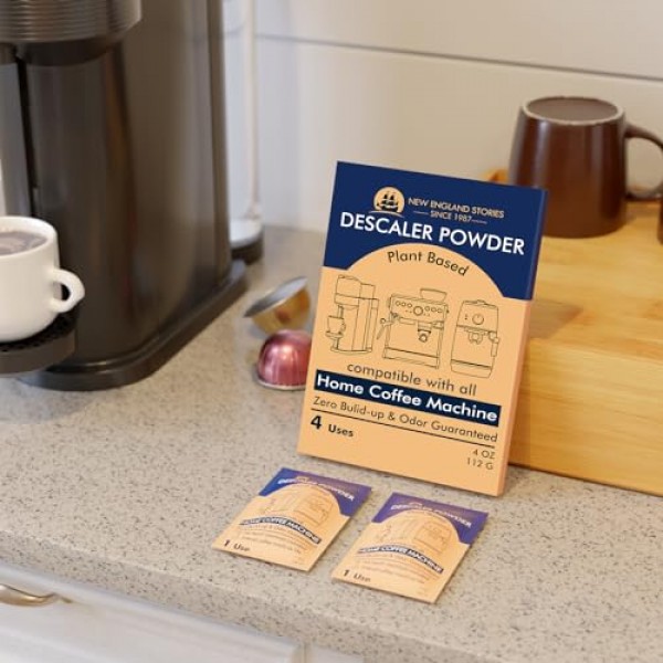 디스케일링 파우더 솔루션(4회 용도) 스케일과 찌꺼기를 제거합니다. 자동 커피 포트 및 메이커 및 에스프레소 머신 디스케일러, Keurig Breville과 호환 가능 Nespresso Delong