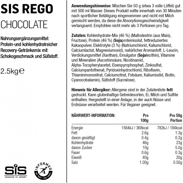 SiS Science in Sport REGO Rapid Recovery Drink Powder, 운동 후 단백질 파우더, 단백질 20g, 초콜릿 맛, 2.5Kg(50인분) 초콜릿 맛 2.5kg(1팩)