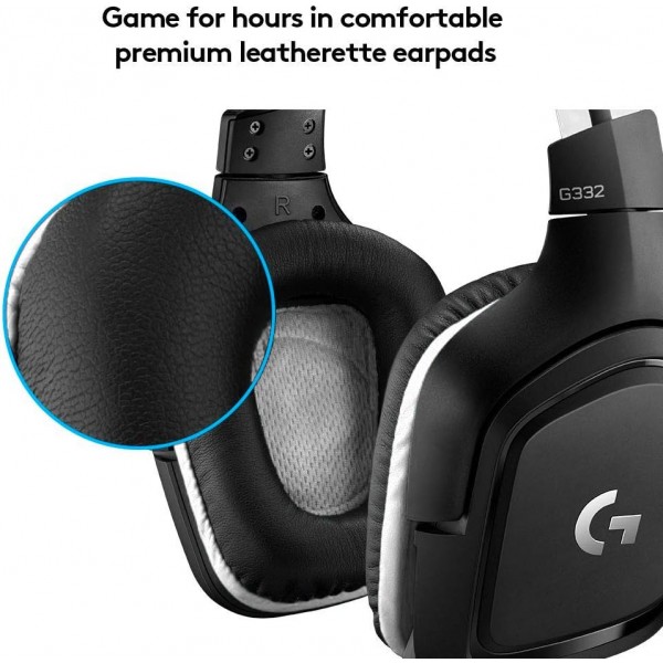 로지텍 G332 스페셜 에디션 유선 게이밍 헤드셋, 50mm 드라이버, 가죽 이어컵, 3.5mm 잭, 플립 음소거 스위치가 있는 6mm 마이크, PC/Mac/Xbox One/PS4/Nintendo 스위치, 블랙 스테레