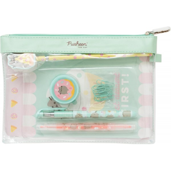 Grupo Erik Super Stationery Set Pusheen Foodie - 지우개 토퍼가 있는 펜 및 연필 - 대형 연필 케이스 - 종이 클립 - 숫돌 - Notes, SSGP001