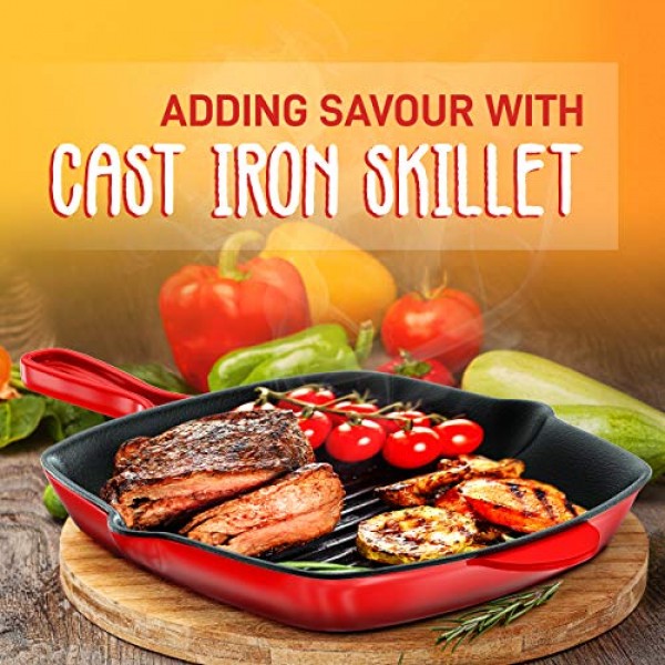 NutriChef 붙지 않는 주철 그릴 팬 - 11인치 주방 사각 주철 프라이팬 그릴 팬, 전기 쿡탑, 인덕션, 가스용 측면 드립 스파우트가 있는 에나멜 처리된 주철 프라이팬 스테