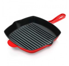 NutriChef 붙지 않는 주철 그릴 팬 - 11인치 주방 사각 주철 프라이팬 그릴 팬, 전기 쿡탑, 인덕션, 가스용 측면 드립 스파우트가 있는 에나멜 처리된 주철 프라이팬 스테