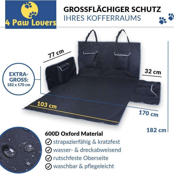4 Paw Lovers 트렁크 보호견(182x170) - 범퍼 보호 기능이 있는 대형 트렁크 매트(블랙) - 발수, 미끄럼 방지 및 이지 케어