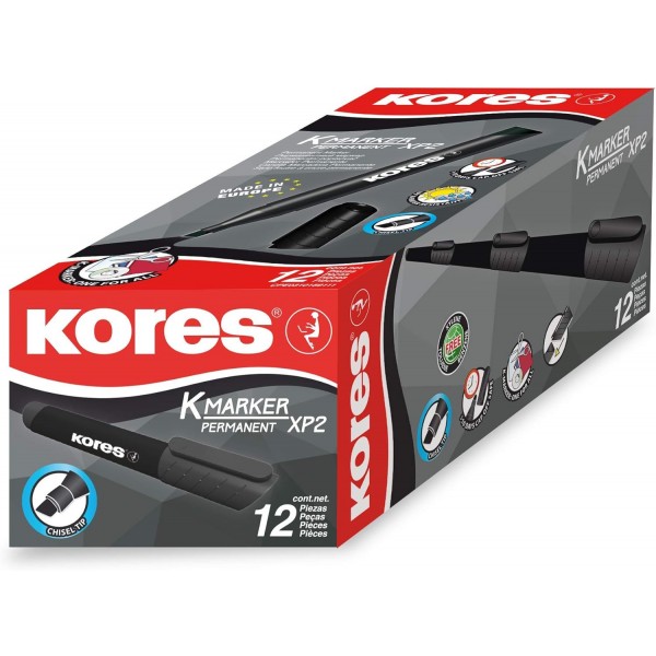 Kores - K-Marker XP2: 검은색 유성 마커 펜, 방수 및 무취 잉크가 있는 치즐 팁, 모든 표면용, 12개 팩