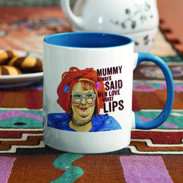 Gimme Linda La Hughes Vile Mug - 웃긴 참신 스터너 라이크라 바람둥이 풍자 커피 컵 선물 헤비 듀티 세라믹 핸들 코팅 식기 세척기 전자 레인지 안전 (블루 핸들 프라임)