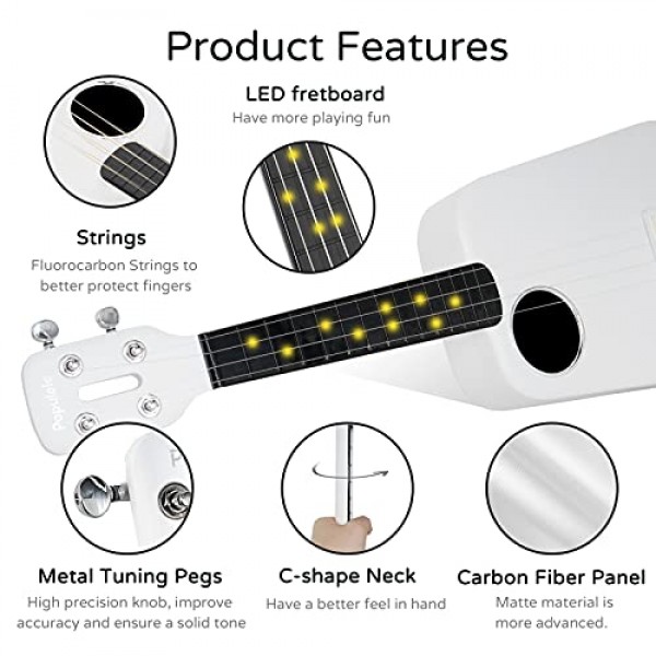 PopuMusic Populele 2 초보자, 전문가, 어린이 및 성인을 위한 컴팩트하고 휴대용 스마트 우쿨렐레 탄소 섬유 에디션