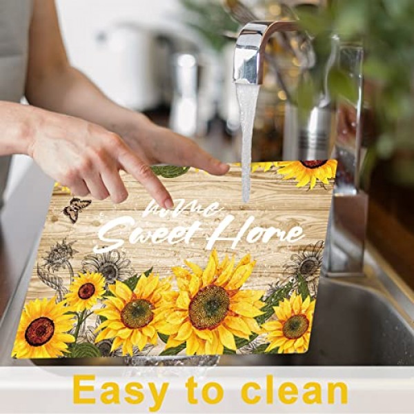 해바라기 플레이스 매트 6개 선샤인 플라스틱 테이블 매트 세트 빈티지 해바라기 테마 플레이스 매트 실내 야외 파티 주방 식탁을 위한 여름 휴가 빨 수 있는 테이블 