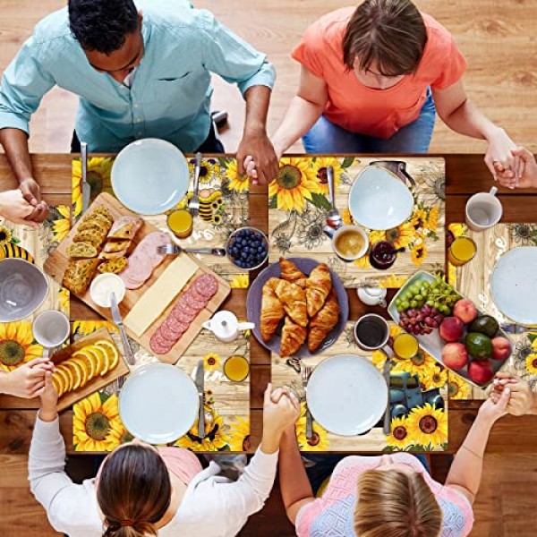 해바라기 플레이스 매트 6개 선샤인 플라스틱 테이블 매트 세트 빈티지 해바라기 테마 플레이스 매트 실내 야외 파티 주방 식탁을 위한 여름 휴가 빨 수 있는 테이블 