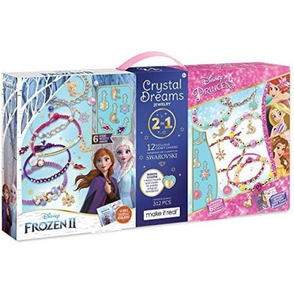 Make It Real Disney Crystal Dreams Mega Set 2 in 1 Princess & Frozen 2 - 독점적인 Disney Princess Books가 포함된 DIY 스와로브스키 비즈 & 참 팔찌 만들기 키트 - 소녀를 위한 선물